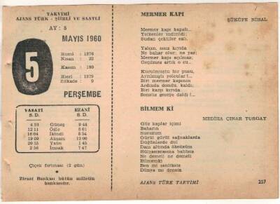 5 Mayıs 1960 Ajans Türk Takvim Yaprağı (Şiirli Saatli) EFM(N)1592 - 2