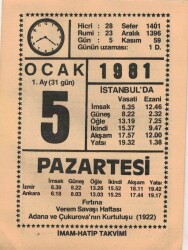 5 Ocak 1981 Takvim Yaprağı EFM(N)4651 - Gökçekoleksiyon