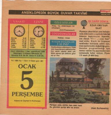 5 Ocak 1984 Takvim Yaprağı EFM(N)4620 - 1