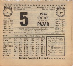 5 Ocak 1986 Takvim Yaprağı EFM(N)5023 - Gökçekoleksiyon