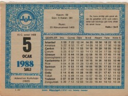 5 Ocak 1988 Takvim Yaprağı EFM(N)4899 - Gökçekoleksiyon