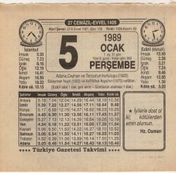 5 Ocak 1989 Takvim Yaprağı EFM(N)4713 - Gökçekoleksiyon