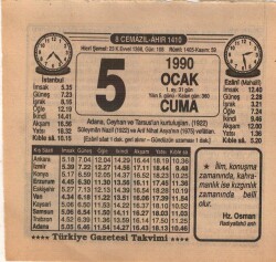 5 Ocak 1990 Takvim Yaprağı EFM(N)4682 - Gökçekoleksiyon