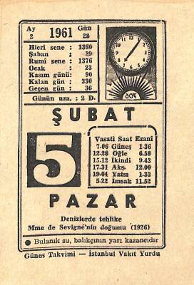 5 Şubat 1961 Takvim Yaprağı - Doğum Günü Hediyesi EFM(N)11274 - 1