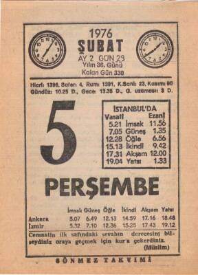 5 Şubat 1976 Takvim Yaprağı EFM(N)5272 - 1