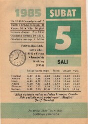 5 Şubat 1985 Takvim Yaprağı EFM(N)5131 - Gökçekoleksiyon