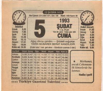 5 Şubat 1993 Takvim Yaprağı EFM(N)5300 - 1
