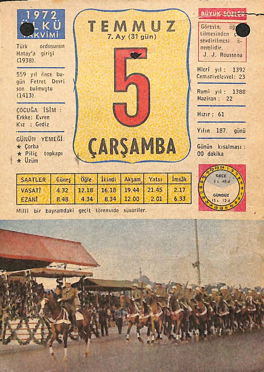 5 Temmuz 1972 Takvim Yaprağı - Doğum Günü Hediyesi EFMN13780 - 1