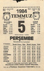 5 Temmuz 1984 Takvim Yaprağı - Doğum Günü Hediyesi EFM(N)11191 - Gökçekoleksiyon