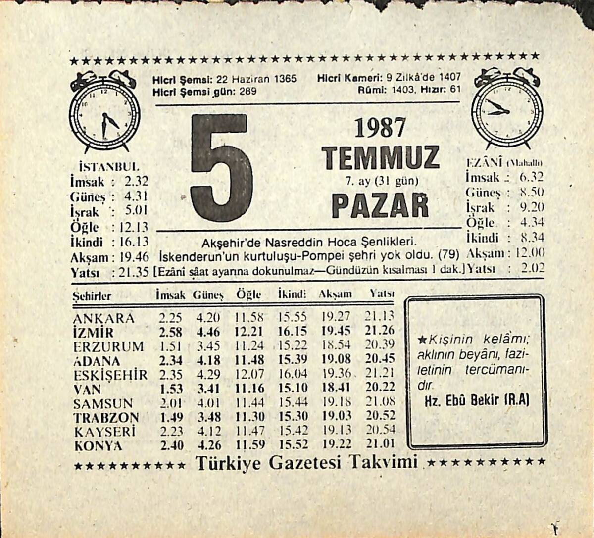 5 Temmuz 1987 Takvim Yaprağı - Doğum Günü Hediyesi EFMN13817 - 1