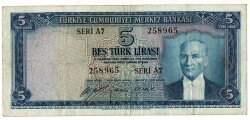 5.Emisyon 1.Tertip 5 Türk Lirası Seri A7 NATUREL/ÇT TCK9275 - 1