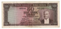 5.Emisyon 2.Tertip 50 Türk Lirası Seri K6 NATUREL/ÇÇT TCK9251 - 1