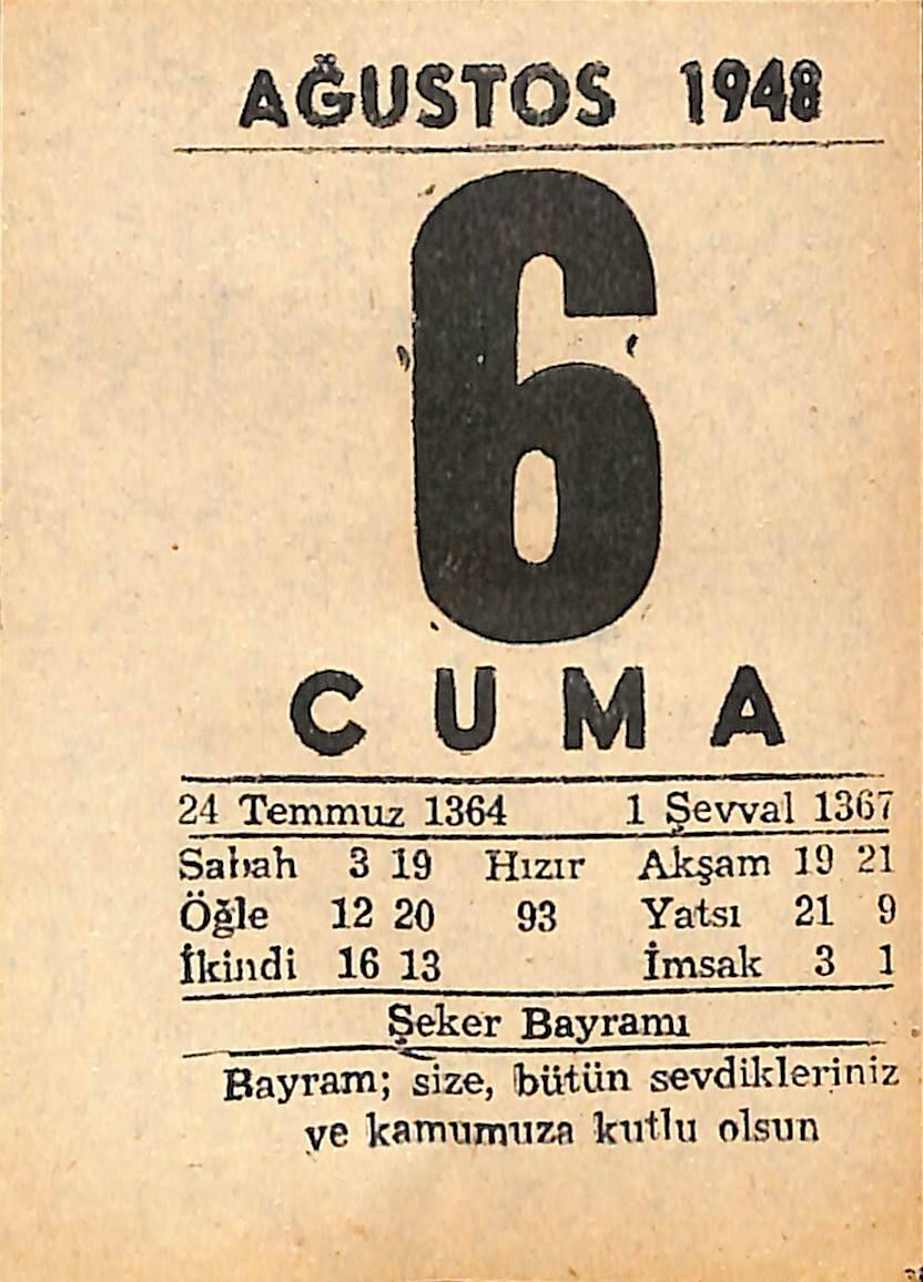 6 Ağustos 1948 Takvim Yaprağı - Doğum Günü Hediyesi EFMN14432 - 1