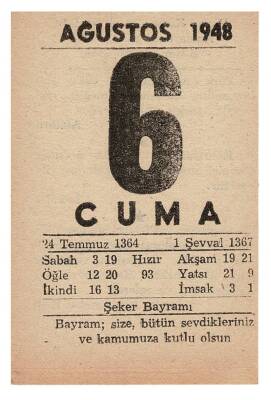6 Ağustos 1948 Takvim Yaprağı EFM862 - 1