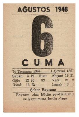 6 Ağustos 1948 Takvim Yaprağı EFM862 - 3