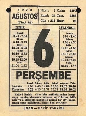 6 Ağustos 1970 Takvim Yaprağı - Doğum Günü Hediyesi EFM(N)9673 - 1