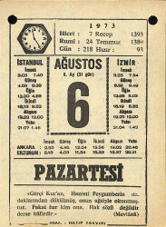 6 Ağustos 1973 Takvim Yaprağı - Doğum Günü Hediyesi EFM(N)10106 - 1