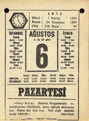 6 Ağustos 1973 Takvim Yaprağı - Doğum Günü Hediyesi EFM(N)10106 - 1