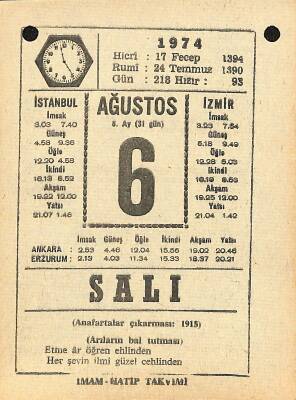 6 Ağustos 1974 Takvim Yaprağı - Doğum Günü Hediyesi EFM(N)12211 - 1