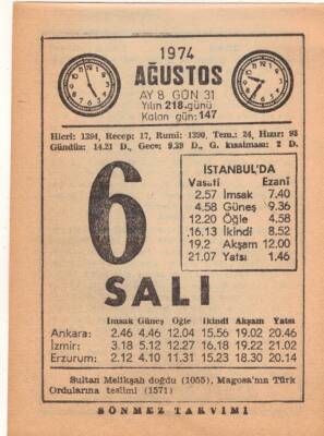 6 Ağustos 1974 Takvim Yaprağı EFM(N)2270 - 2