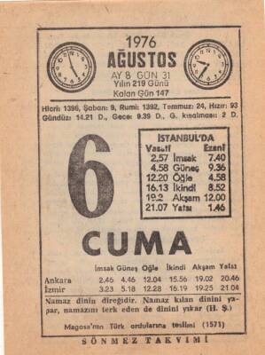 6 Ağustos 1976 Takvim Yaprağı EFM(N)2271 - 3