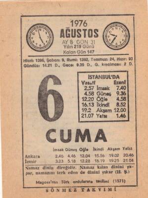6 Ağustos 1976 Takvim Yaprağı EFM(N)2271 - 1