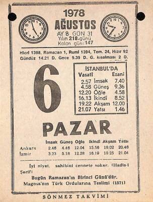 6 Ağustos 1978 Takvim Yaprağı - Doğum Günü Hediyesi EFM(N)9724 - 1
