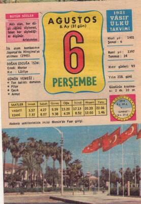 6 Ağustos 1981 Takvim Yaprağı EFM(N)2747 - 1