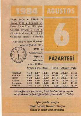 6 Ağustos 1984 Takvim Yaprağı EFM(N)2272 - 2