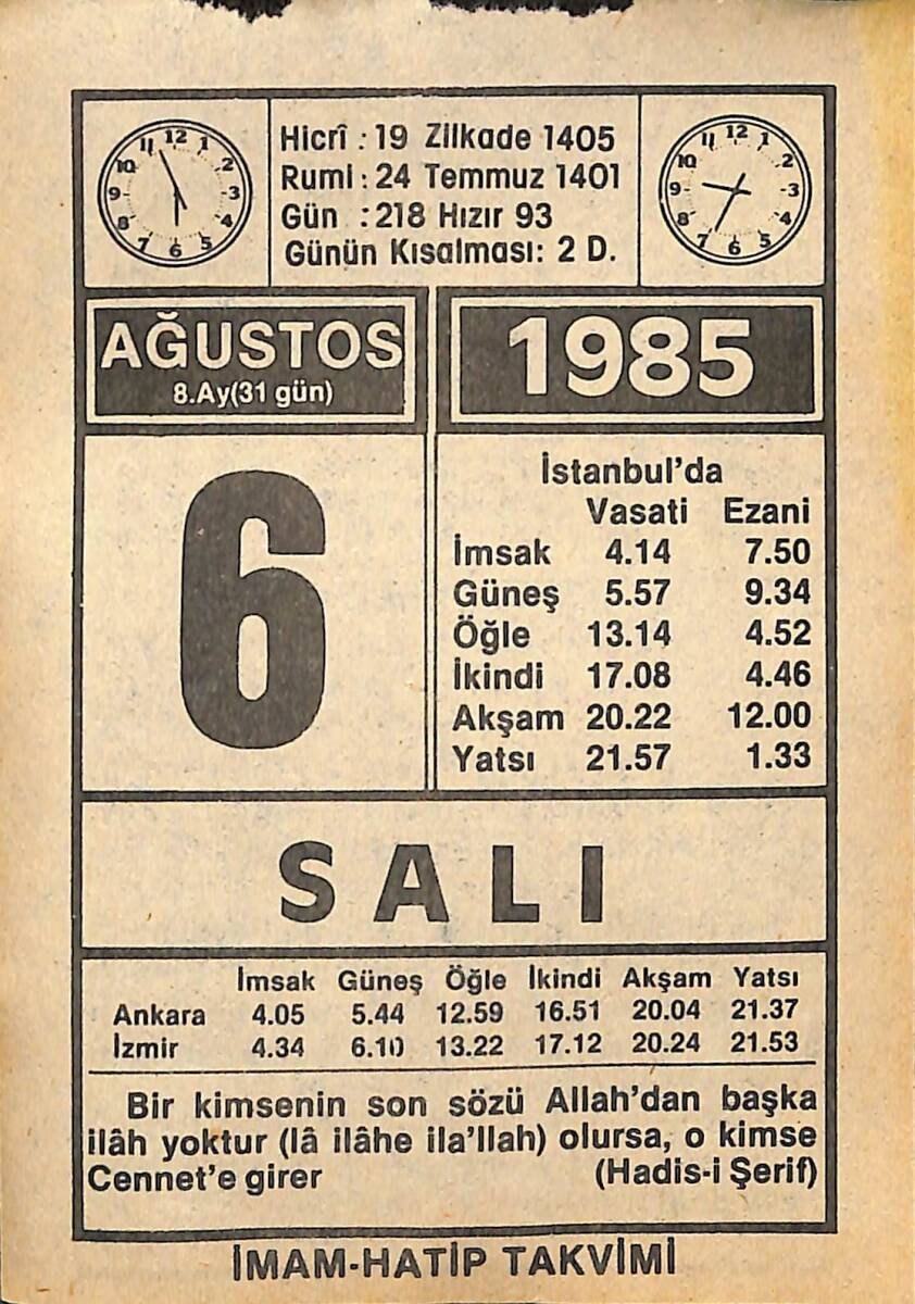 6 Ağustos 1985 Takvim Yaprağı - Doğum Günü Hediyesi EFMN15707 - 1