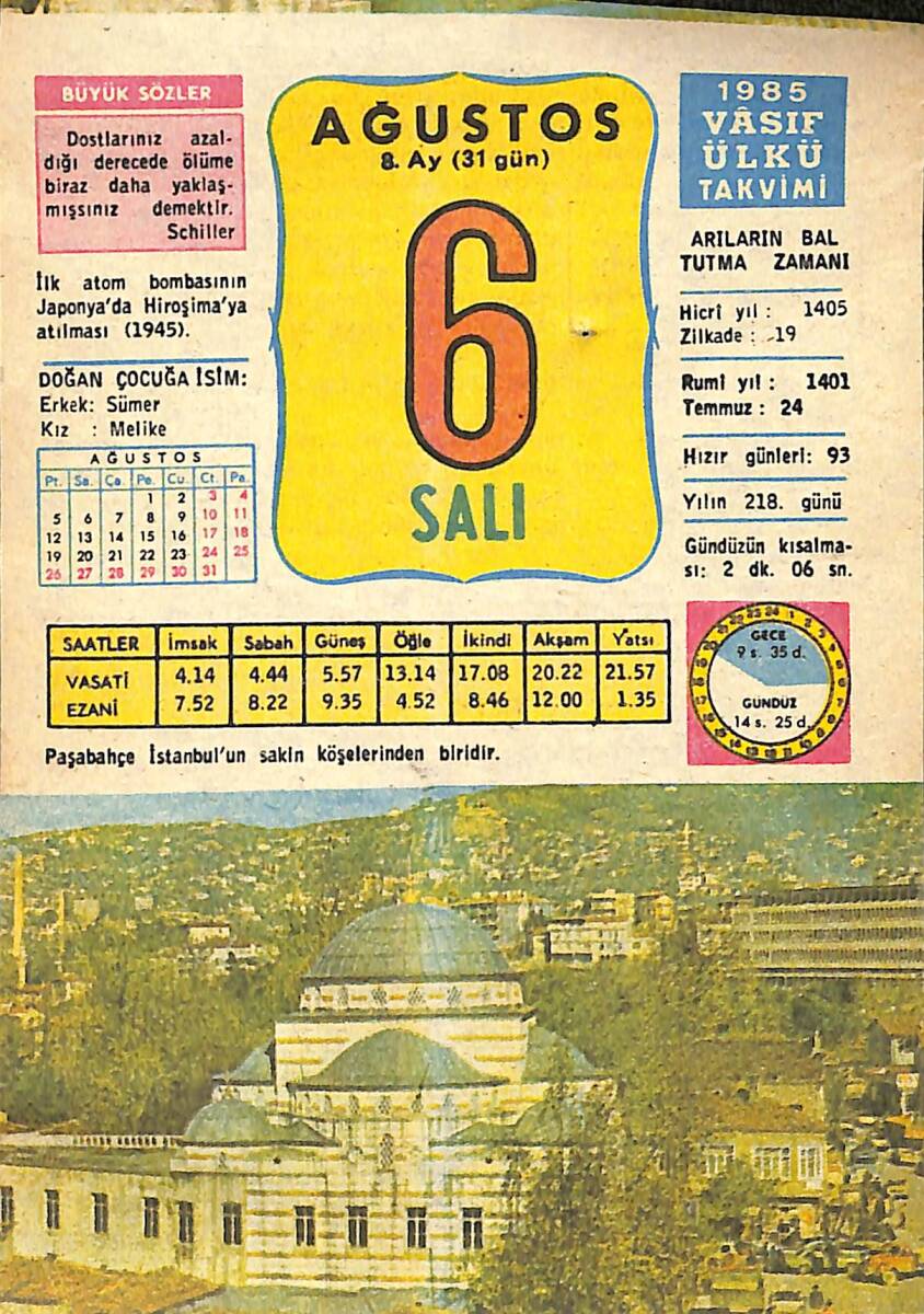 6 Ağustos 1985 Takvim Yaprağı - Doğum Günü Hediyesi EFMN16971 - 1