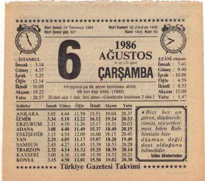 6 Ağustos 1986 Takvim Yaprağı EFM(N)2274 - 3