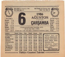 6 Ağustos 1986 Takvim Yaprağı EFM(N)2274 - 1