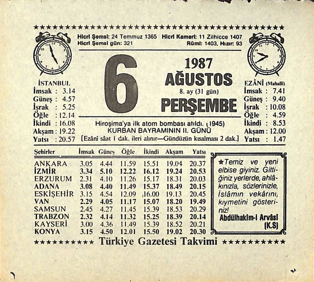6 Ağustos 1987 Takvim Yaprağı - Doğum Günü Hediyesi EFMN13849 - 1