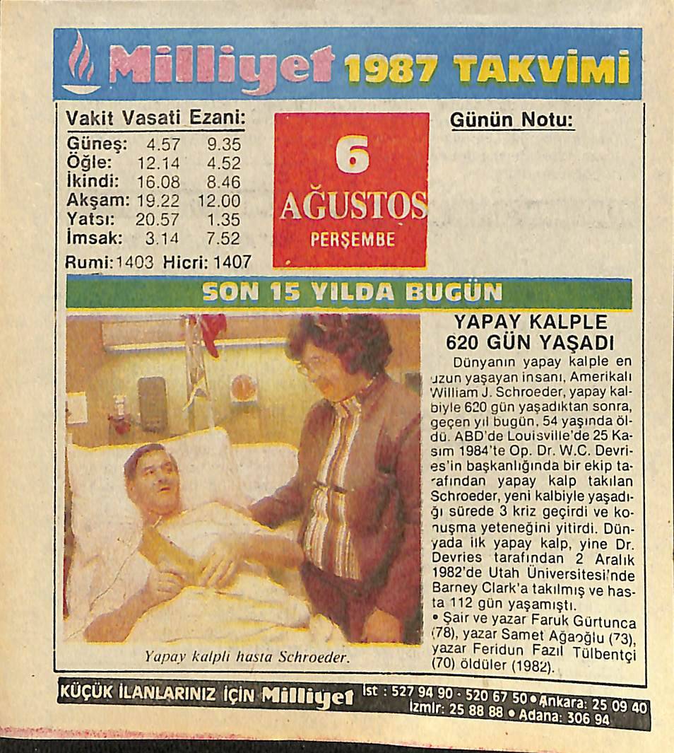 6 Ağustos 1987 Takvim Yaprağı - Doğum Günü Hediyesi EFMN14112 - 1