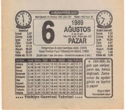 6 Ağustos 1989 Takvim Yaprağı EFM(N)2276 - 3