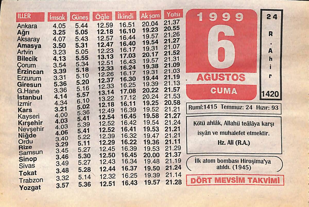 6 Ağustos 1999 Takvim Yaprağı - Doğum Günü Hediyesi EFMN14050 - 1
