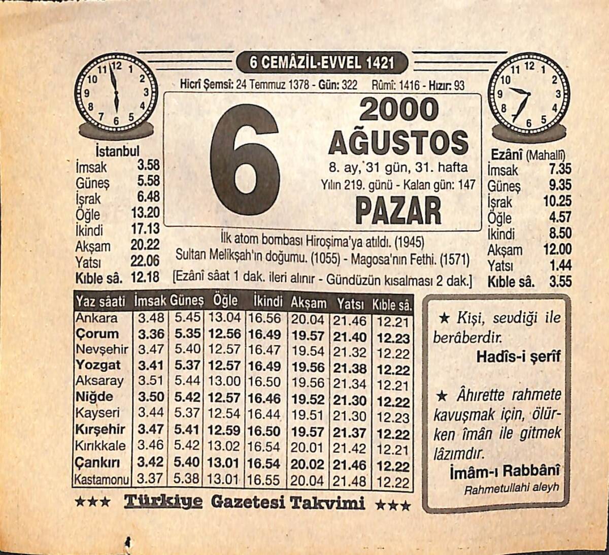 6 Ağustos 2000 Takvim Yaprağı - Doğum Günü Hediyesi EFMN14285 - 1