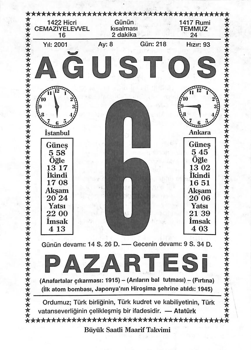 6 Ağustos 2001 Takvim Yaprağı - Doğum Günü Hediyesi EFMN14224 - 1