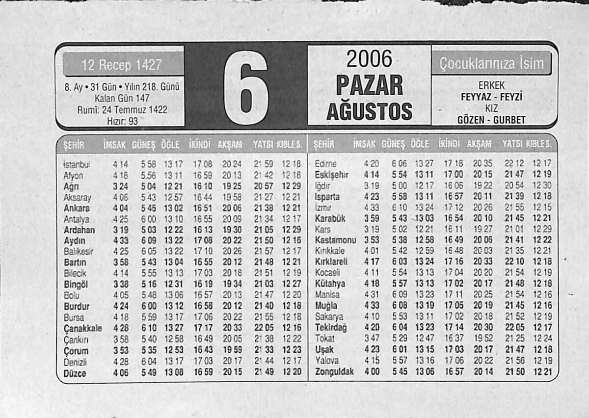 6 Ağustos 2006 Takvim Yaprağı - Doğum Günü Hediyesi EFMN14153 - 1