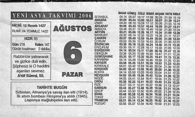 6 Ağustos 2006 Takvim Yaprağı - Doğum Günü Hediyesi EFM(N)9942 - 1
