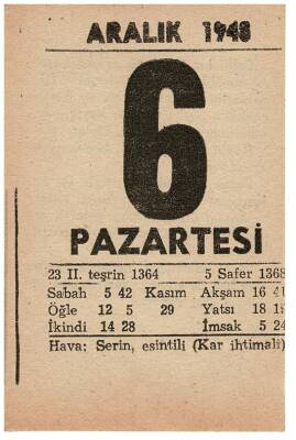6 Aralık 1948 Takvim Yaprağı EFM822 - 3