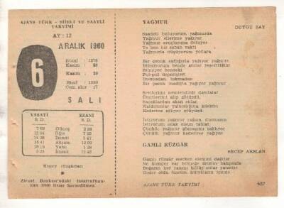 6 Aralık 1960 Ajans Türk Takvim Yaprağı (Şiirli Saatli) EFM(N) 1802 - 2