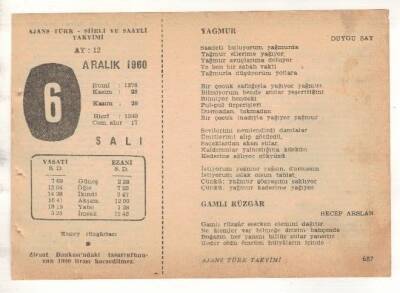 6 Aralık 1960 Ajans Türk Takvim Yaprağı (Şiirli Saatli) EFM(N) 1802 - 1
