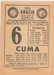 6 Aralık 1974 Takvim Yaprağı EFM(N)4288 - Gökçekoleksiyon