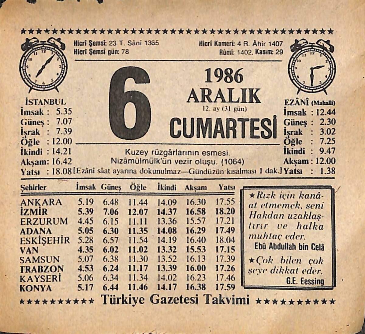 6 Aralık 1986 Takvim Yaprağı - Doğum Günü Hediyesi EFMN14867 - 1
