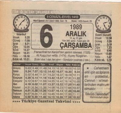6 Aralık 1989 Takvim Yaprağı EFM(N)4196 - 2