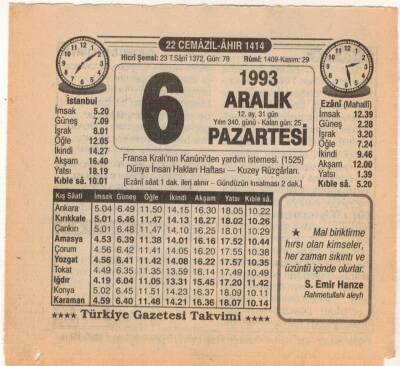 6 Aralık 1993 Takvim Yaprağı EFM(N)4227 - 2