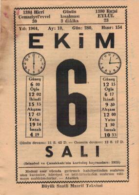 6 Ekim 1964 Takvim Yaprağı EFM(N)3525 - 3