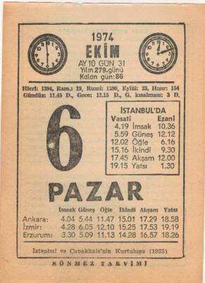6 Ekim 1974 Takvim Yaprağı EFM(N)2976 - 1